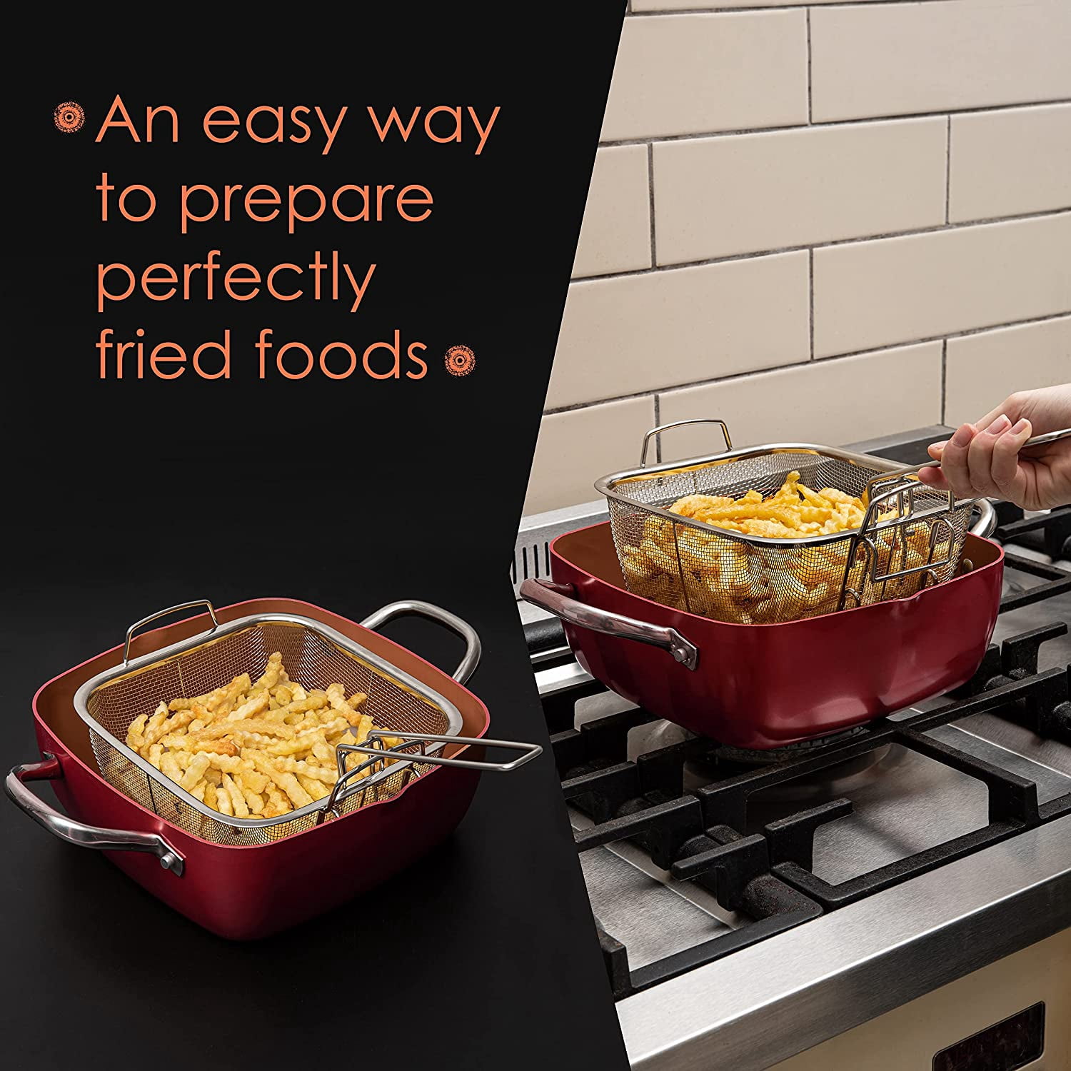 Moss & Stone Copper 5 Piece Set Chef Cookware, 9.5” Non Stick Pan, Deep Square Pan, Fry Basket, Steamer Tray, Dishwasher & Oven Safe, 5 Quart Copper Pot Set, Red Induction Cookware Set