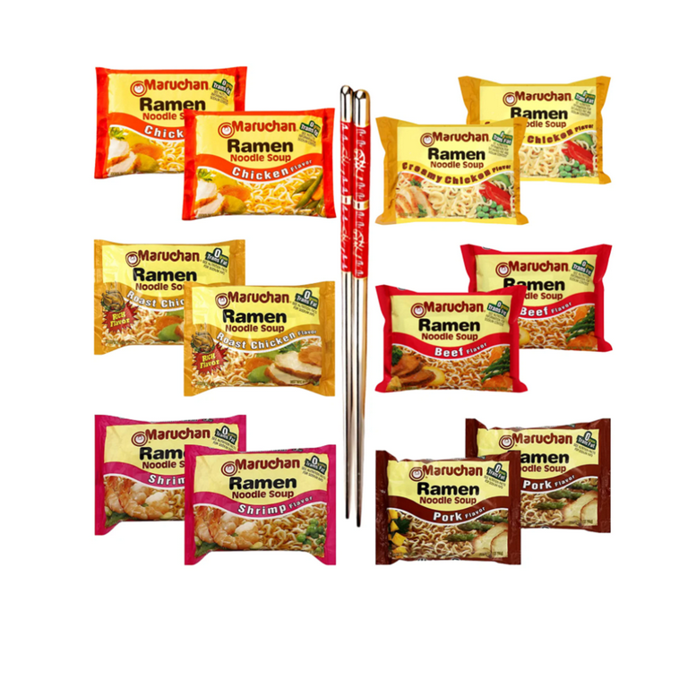 Instant Ramen Noodles Soup Variety Pack 6 Flavors- Chicken, Creamy Chicken,  Roast Chicken, Beef, Shrimp, Pork with 1-Set of Reusable Chopsticks(4 Each  Flavor, 24 Packs) 