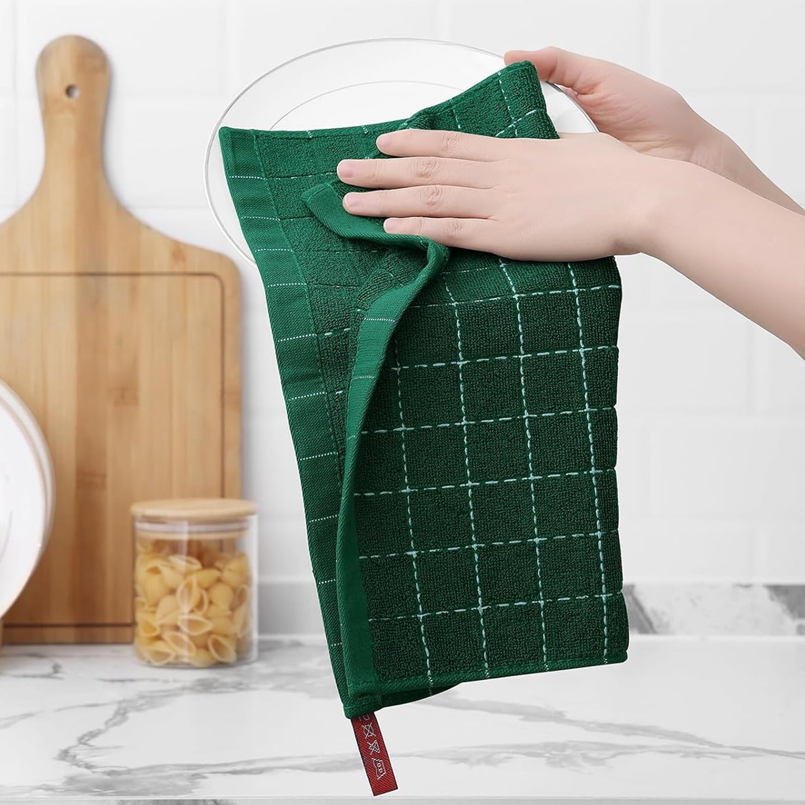 Cotton Terry Kitchen Towels(12*12inches), Checkered Designed, Soft and Super Absorbent Dish Towels, 4 Pack - Dark green