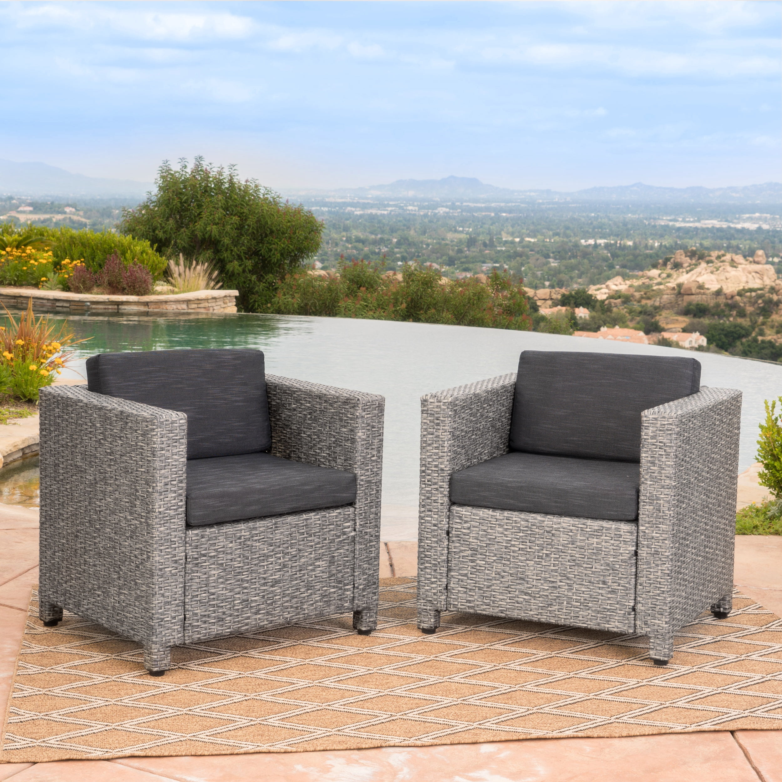 Cascada Outdoor Wicker Club Chair with Cushions, Set of 2, Mixed Black, Dark Grey