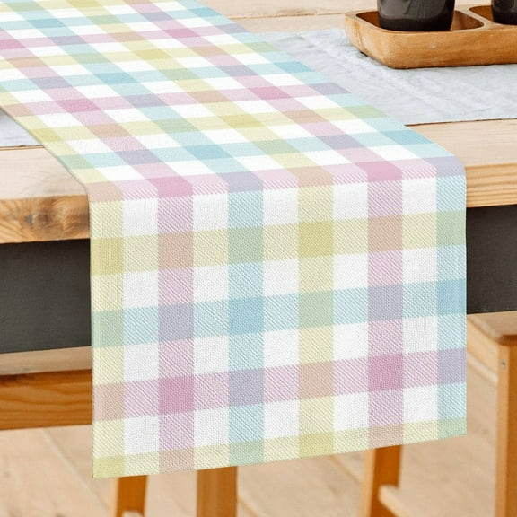 JOOCAR Easter Table Runner, Pink Yellow Blue Buffalo Plaid 13x72 Inch Table Runner for Easter Kitchen Dining Table Table Holiday Decoration
