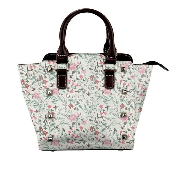 Lsque Fairy Floral Pattern Leather Rivet Shoulder Bag – Elegant Genuine Leather & Microfiber PU Crossbody with Detachable Adjustable Strap