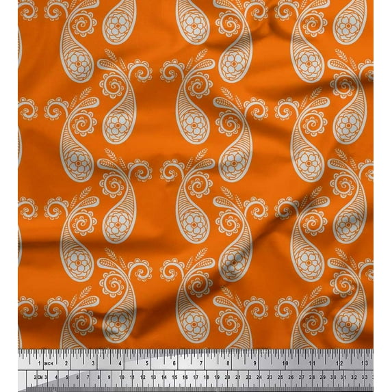 Soimoi Orange polyester Crepe Fabric Floral & Paisley Print Fabric by the Yard 52 Inch Wide