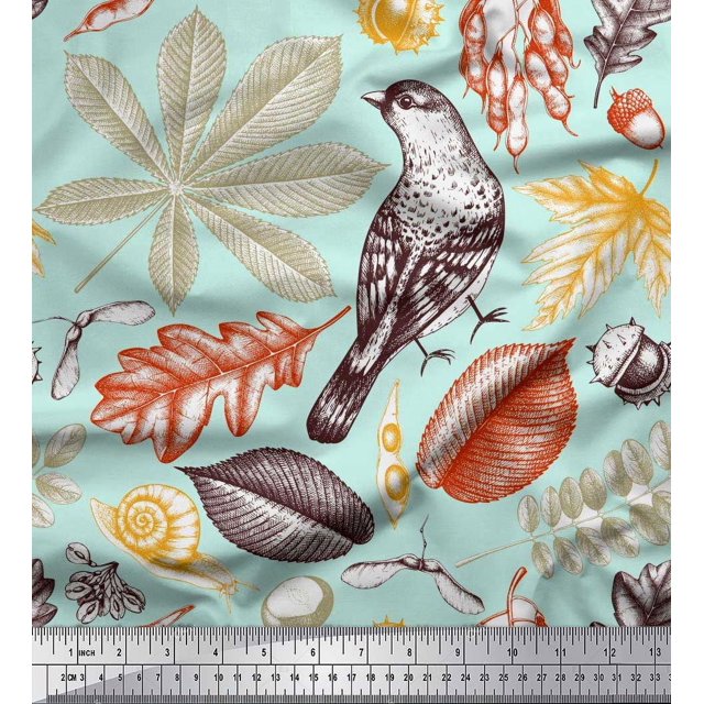 Soimoi Rayon Crepe Fabric Bird & Leaves Decor Fabric Printed Yard 46 Inch Wide