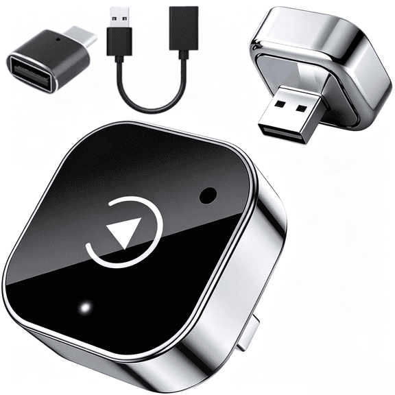 Wireless CarPlay and Android Auto adapter featuring a compact USB design and an included Type-C extension cable; supports plug-and-play, automatic connection, and OTA updates.