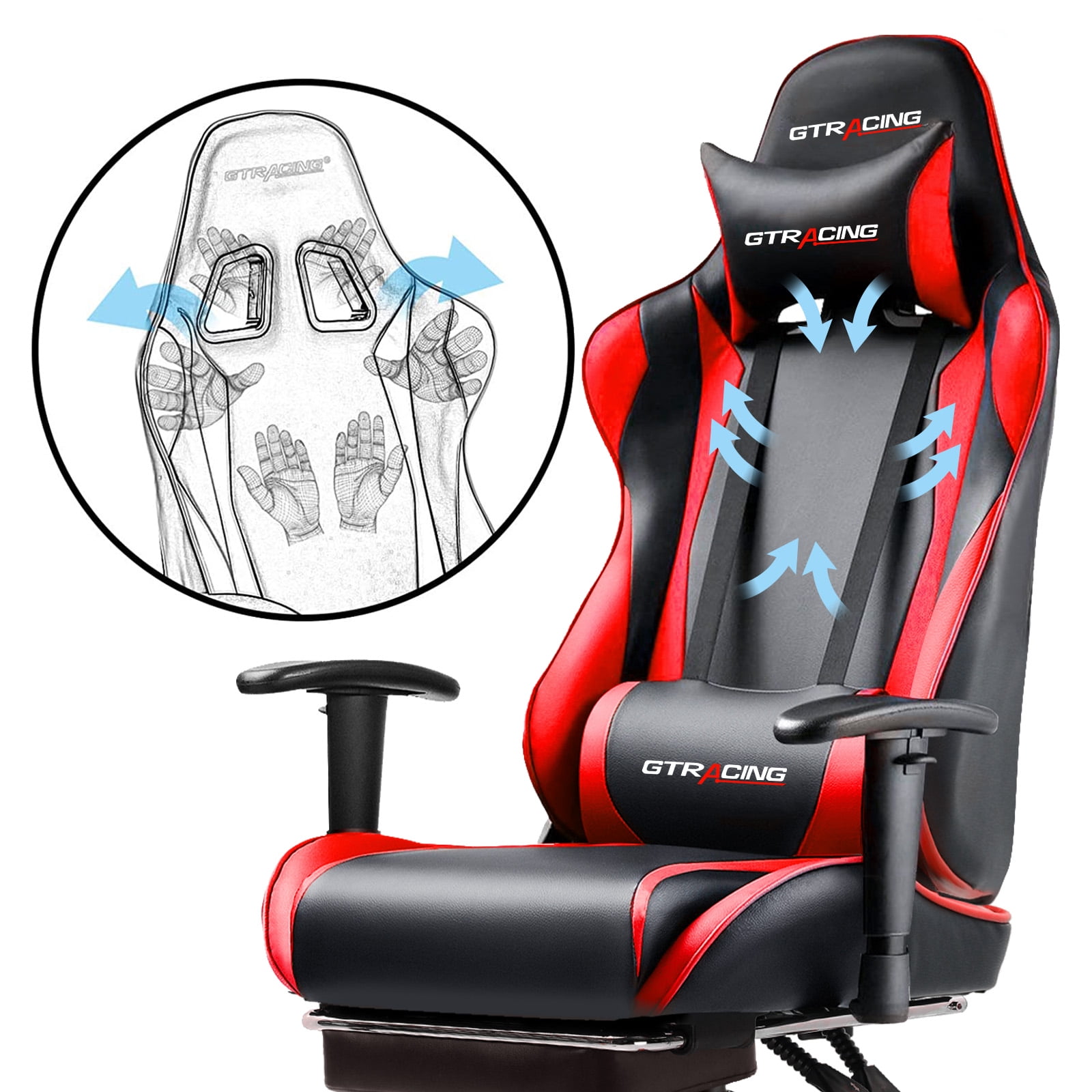GTRACING Gaming Chair with Footrest Ergonomic Reclining Office Chair Swivel Rocker, Red