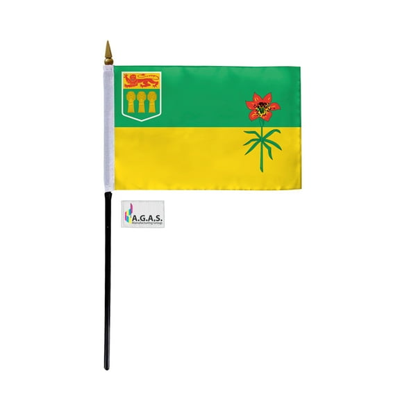 AGAS Saskatchewan Canada Flag 4 x 6 inch - 11" Plastic Pole 100% Polyester Stitched Edges Canadian Province of Saskatchewan Mini Flag on a Stick