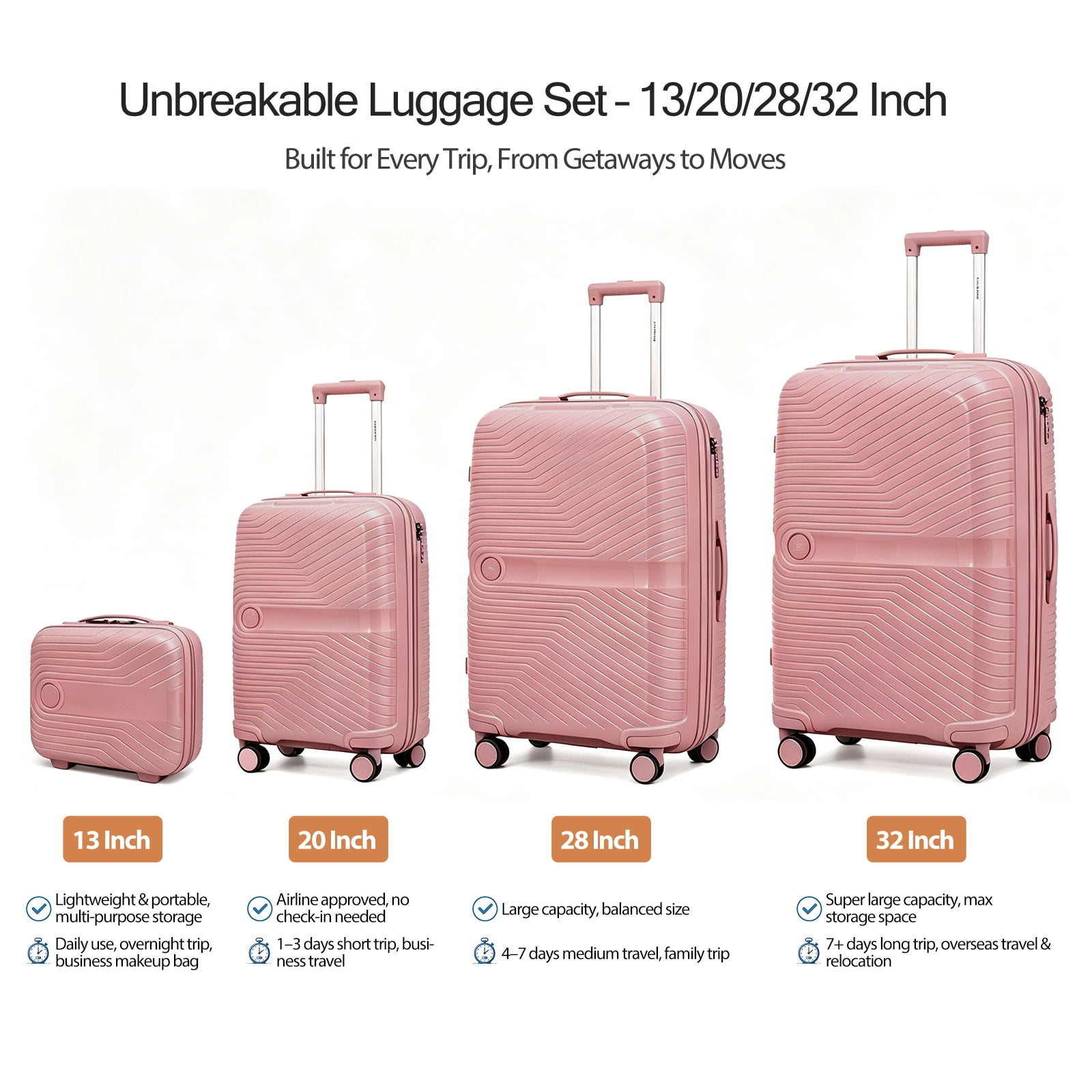 4 Piece Expandable ABS Luggage Set 13"+20"+28"+32", Hard Shell Spinner Suitcases with TSA Lock, Lightweight Travel Suitcase for Family Trip ROSE GOLD