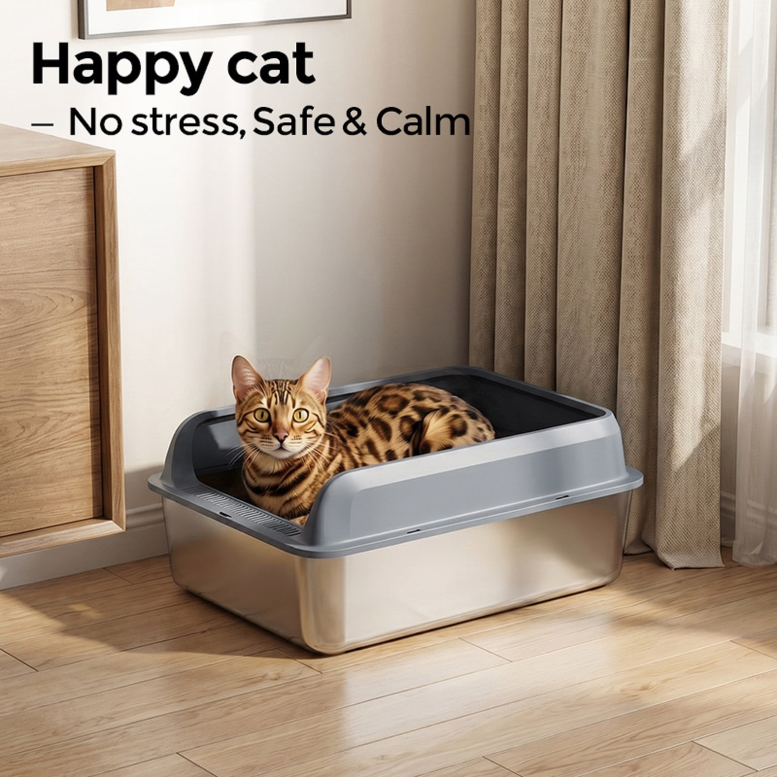 Stainless Steel Litter Box, High Sided Cat Litter Box, Metal Litter Pan with Lid, Extra Large Litter Box with Scoop, Dark Gray