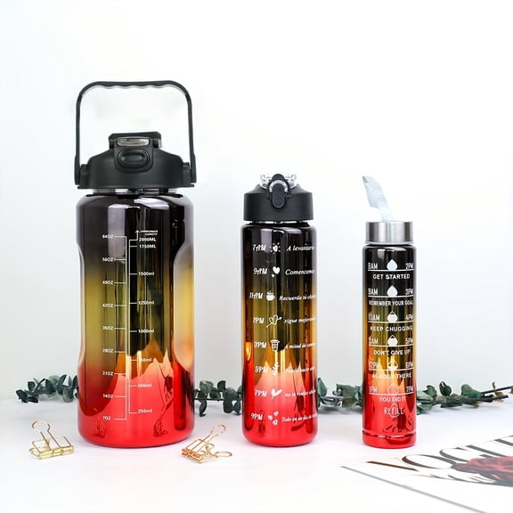 3pcs Leakproof Sports Water Bottle With Straw And Time Marker For Outdoor Camping And Running