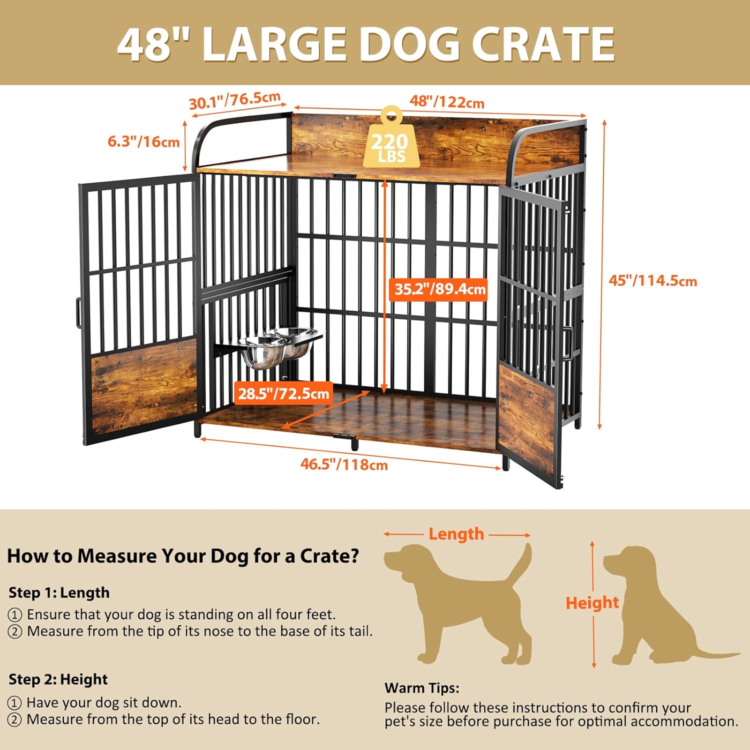 48" Dog Crate Furniture with Adjustable Bowls, Indoor Furniture Style Wooden Dog Kennel, Decorative Dog Cage End Table for Small, Medium Dogs, Brown