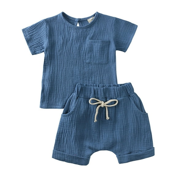 Boys Outfits Toddler Baby Summer Solid Color Linen Thin Breathable Outfit Short Sleeve T Shirt Elastic Shorts Set Baby Outfits Blue 6 Months-9 Months