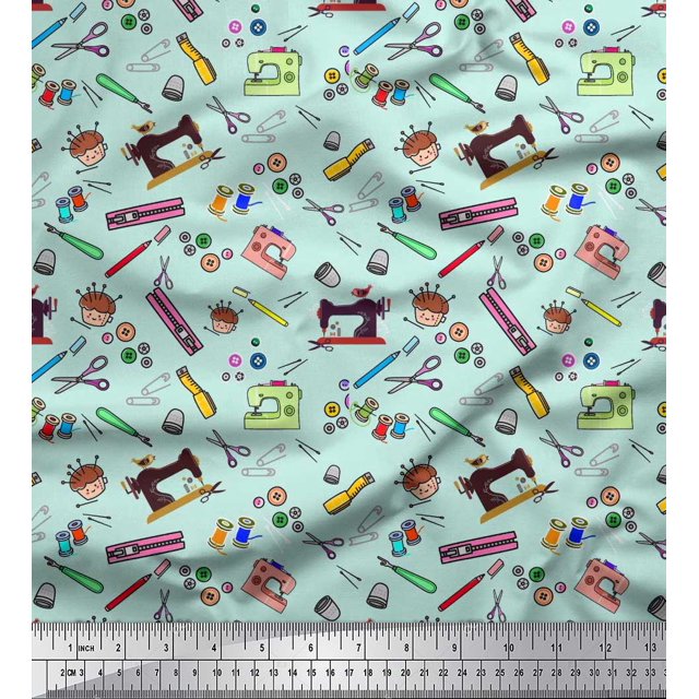 Soimoi Cotton Duck Fabric Scissor,Buttons & Machine Sewing Printed Fabric 1 Yard 56 Inch Wide