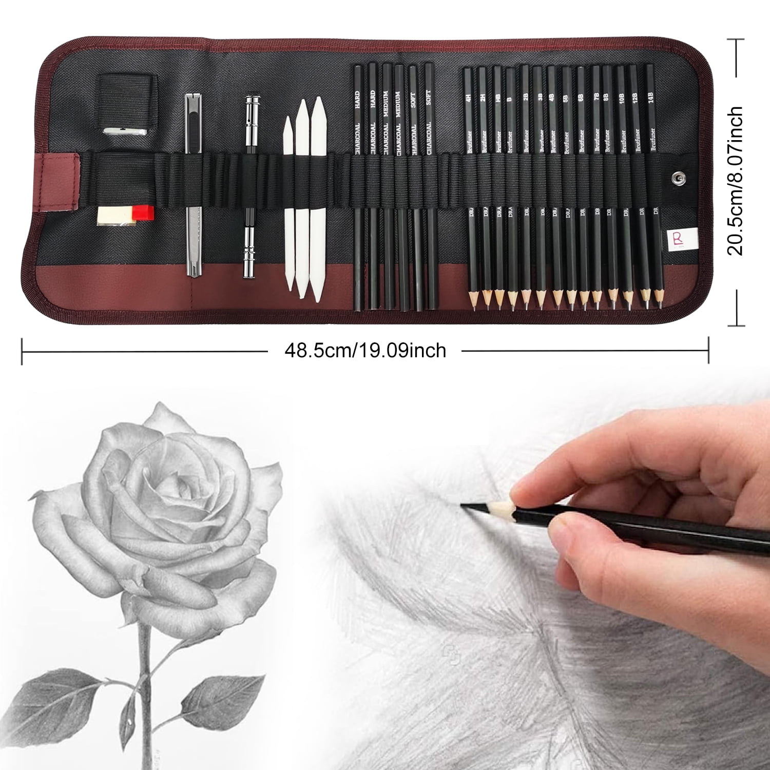 29-Piece Professional Sketching & Drawing Art Set - Complete Kit with 14 Graphite Pencils, 6 Charcoal Pencils, Blending Stumps, and Accessories for Artists