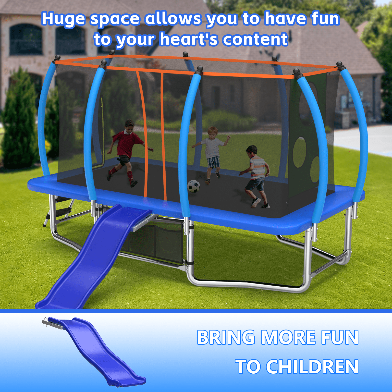 Mersco 8x14ft Large Rectangle Trampoline with Enclosure Net , Slide Outdoor Big Trampoline for Backyard,Kids Trampoline with Basketball Hoop,Birthday and Holiday Gifts for Kids,Blue