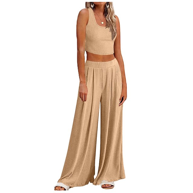 Puntoco Conjunto De Dos Piezas De Punto para Mujer, Color Sólido, Informal, Sin Mangas, para Yoga, Pierna Ancha, Pantalones Puntoco Puntoco-5780
