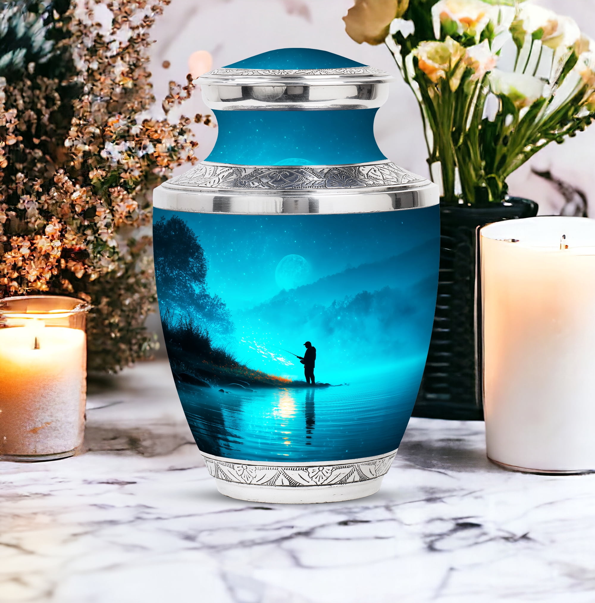 MUKTIVE Fishing Silhouette Large Cremation Urns for Human Ashes - Blue, Evening Burial Urn for Adult Human Ashes - Decorative Cremation Containers - Remembrance Gift for Loss of Mom (10 Inch)