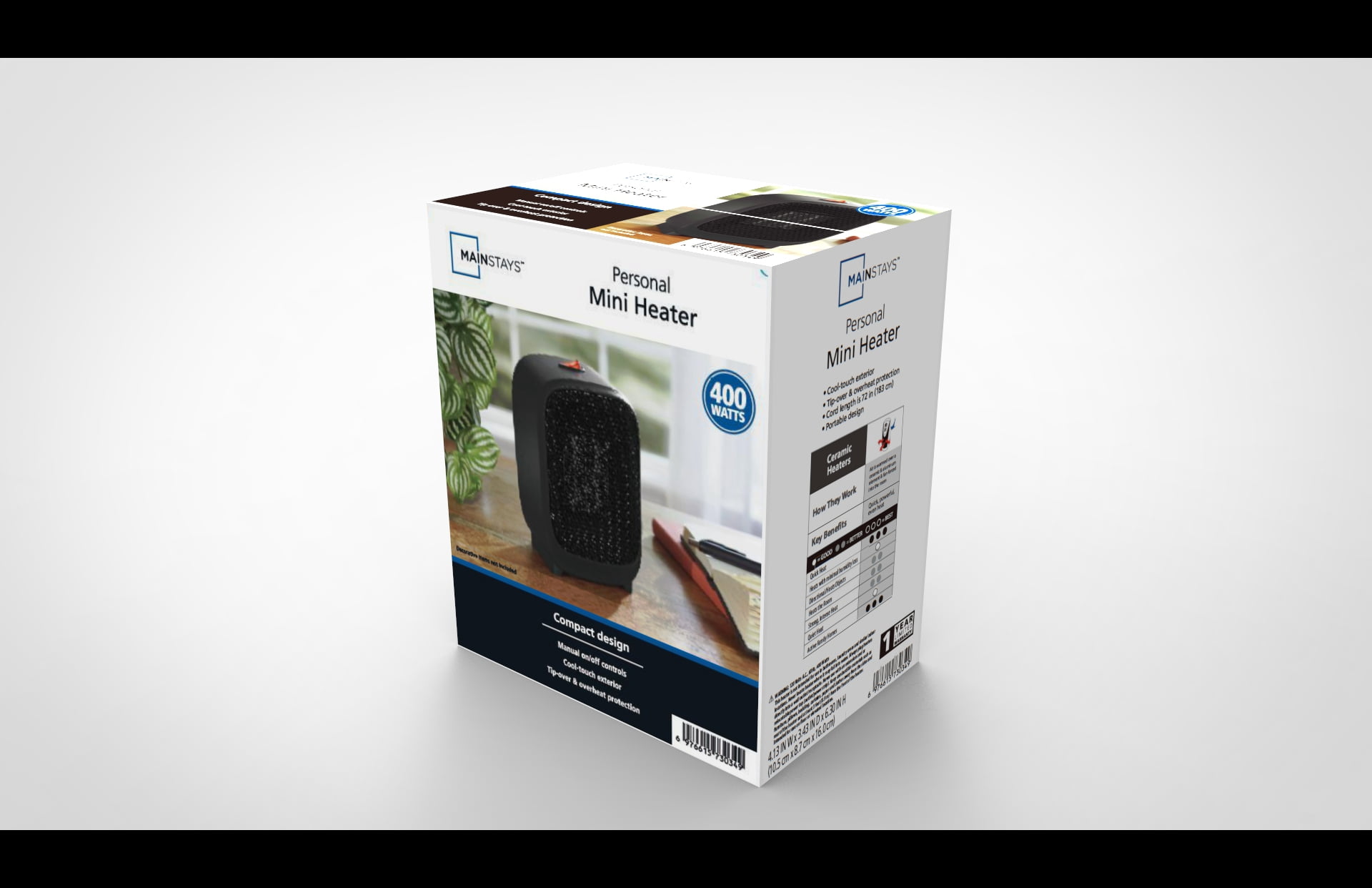 Mainstays Personal Ceramic Space Heater, 400 W, Indoor, Black