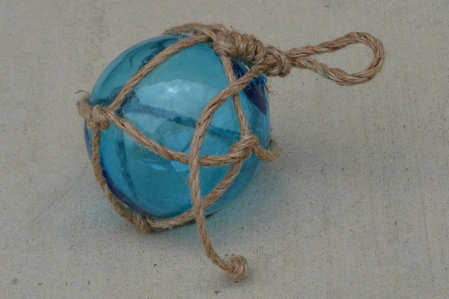 REPRODUCTION BLUE GLASS FLOAT BALL WITH FISHING NET 5" #F-949 