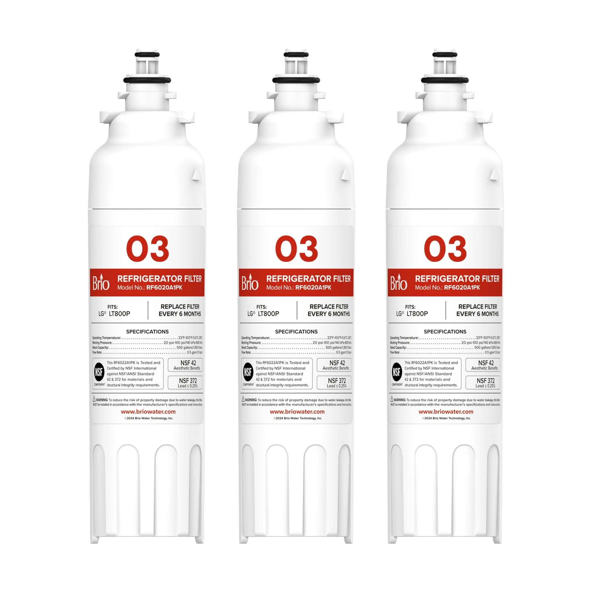 Brio 3-Pack Refrigerator Water Filter Replacement Compatible With LG LT800P Kenmore 46-9490