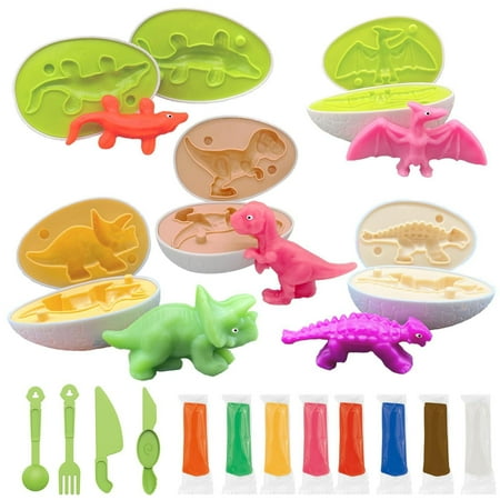 ChicYu Dinosaur Playdough Mould Kit Egg Shapes with Sculpting Tools Originality Playdough Activity Set for 3 to 8 Years Old as shown