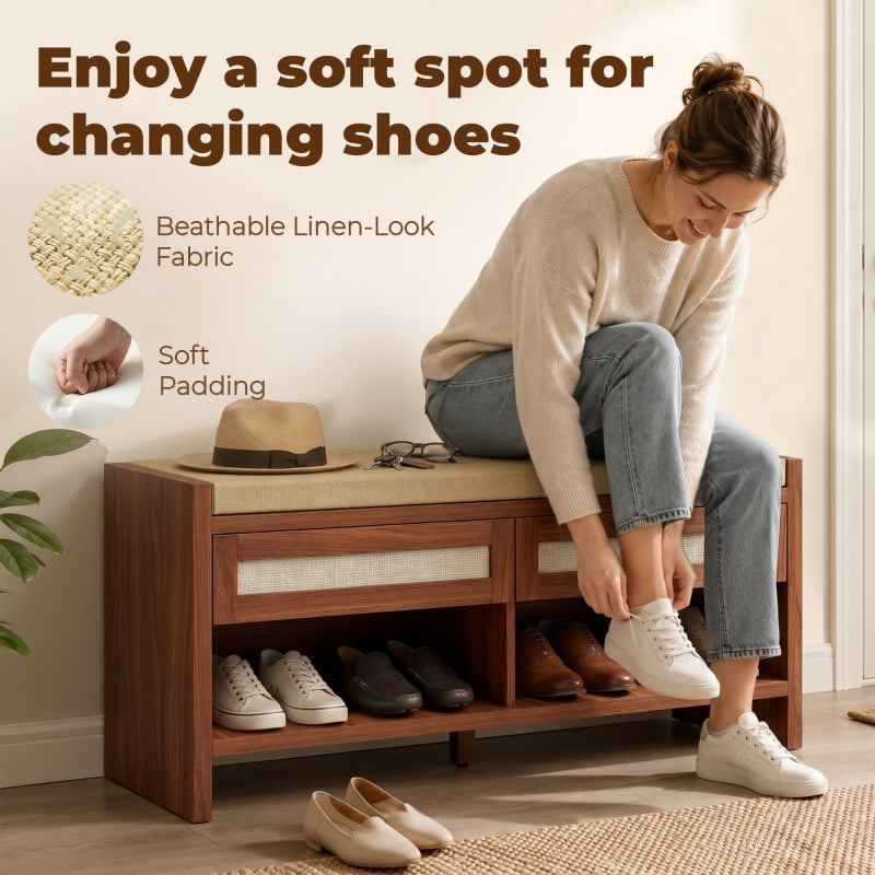 Alvantor Shoe Storage Bench with Rattan Drawers & Cushioned Seat for Entryway 42.5"x13.8"x19.7" Brown