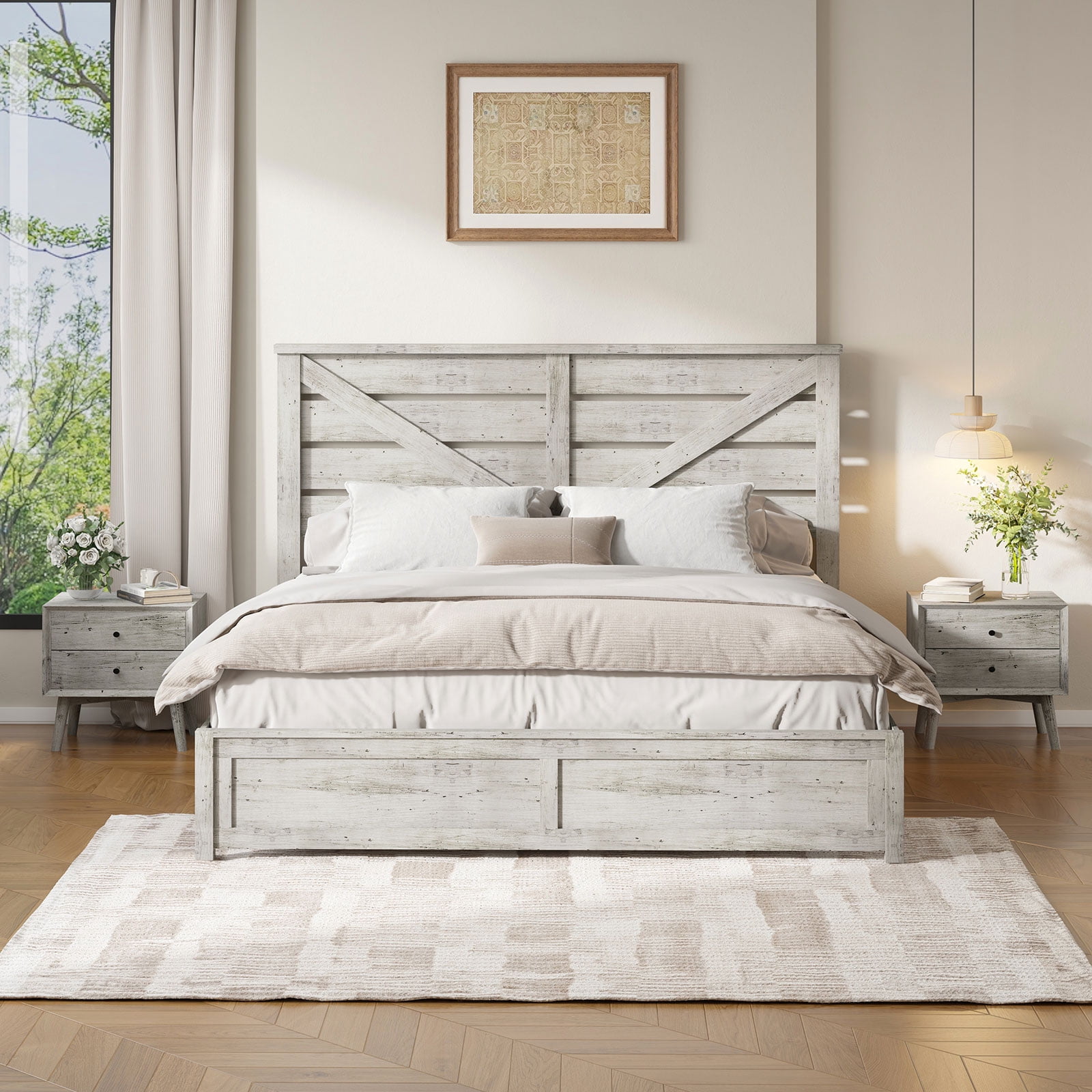 VanAcc King Size Platform Bed Frame with Wood Grain Headboard, Farmhouse Bed Frame with Storage/No Box Spring Needed/Noisy Free/Easy Assembly/White