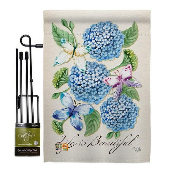 Breeze Decor BD-BG-GS-104081-IP-BO-D-US15-BD 13 x 18.5 in. Life is Beautiful Hydrangeas Garden Friends Bugs & Frogs Impressions Decorative Vertical Double Sided Flag Set with Banner Pole