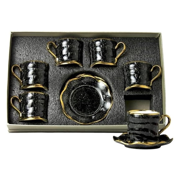 12 piece set Hand Made Classic Coffee Tea Cups Mugs With Saucers Large W/Handles Black/Gold