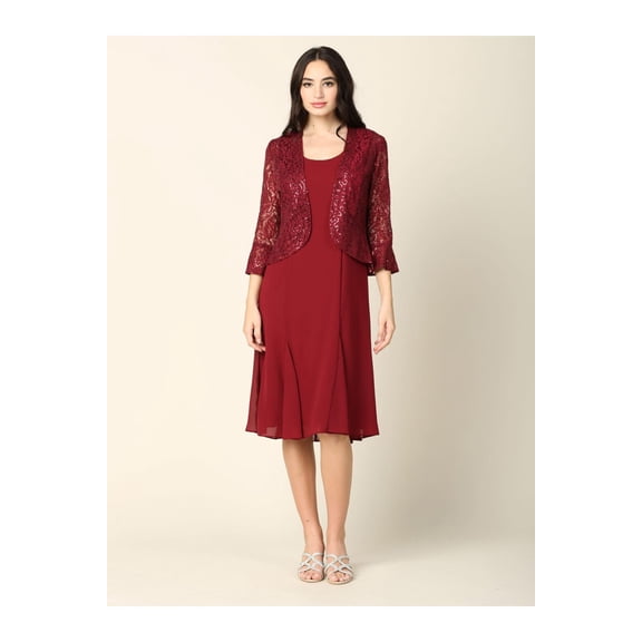 Women's Eva USA 3385 Short Mother Of Groom Two Piece Set Jacket Dress Burgundy XL