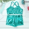 thumbnail image 3 of Miaeowve Kids Girls Dance and Gymnastics Outfits Set 3Pcs Shiny Sequins Sports Bra Crop Top with Shorts and Scrunchie Lake Blue 12, 3 of 7