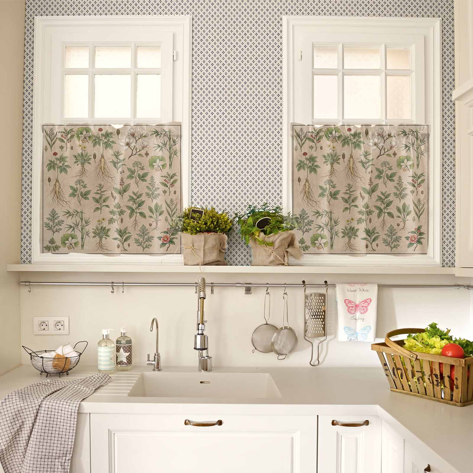 Herbs Kitchen Curtains Valance and Tier Set Retro Green Red Herbs Plant Wildflower Linen Texture Rod Pocket Short Curtains for Small Window 3 Pieces Set for Bedroom Cafe (54" x 18"+27" x 24")