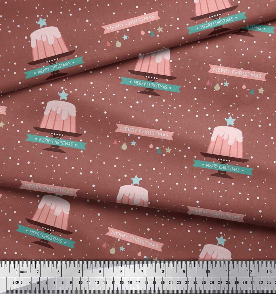 Soimoi Brown Rayon Fabric Cake & Ornaments Christmas Print Sewing Fabric Yard 56 Inch Wide