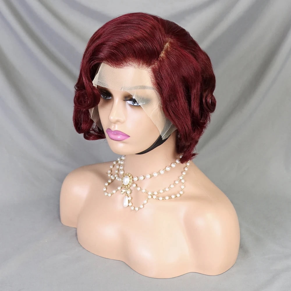 99J Color Loose Wave Pixie Cut Wig Red Short Bob Human Hair 13x4 Lace Frontal Wigs Transparent Lace Human Hair for Black Women Lace Front Human Hair Wig