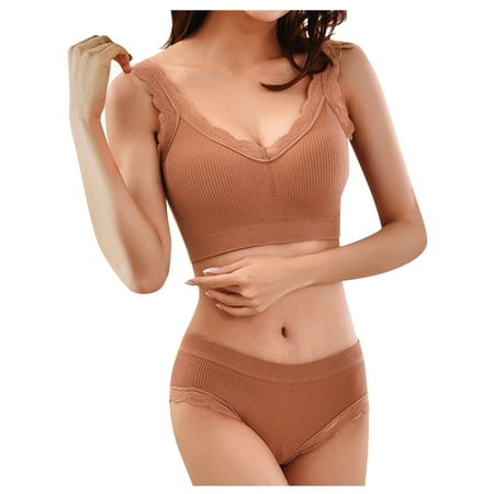 

iOPQO lingerie for women Women s Plain Color Lace Bra Set Underwire Detachable Padded Underwear Set Coffee One Size