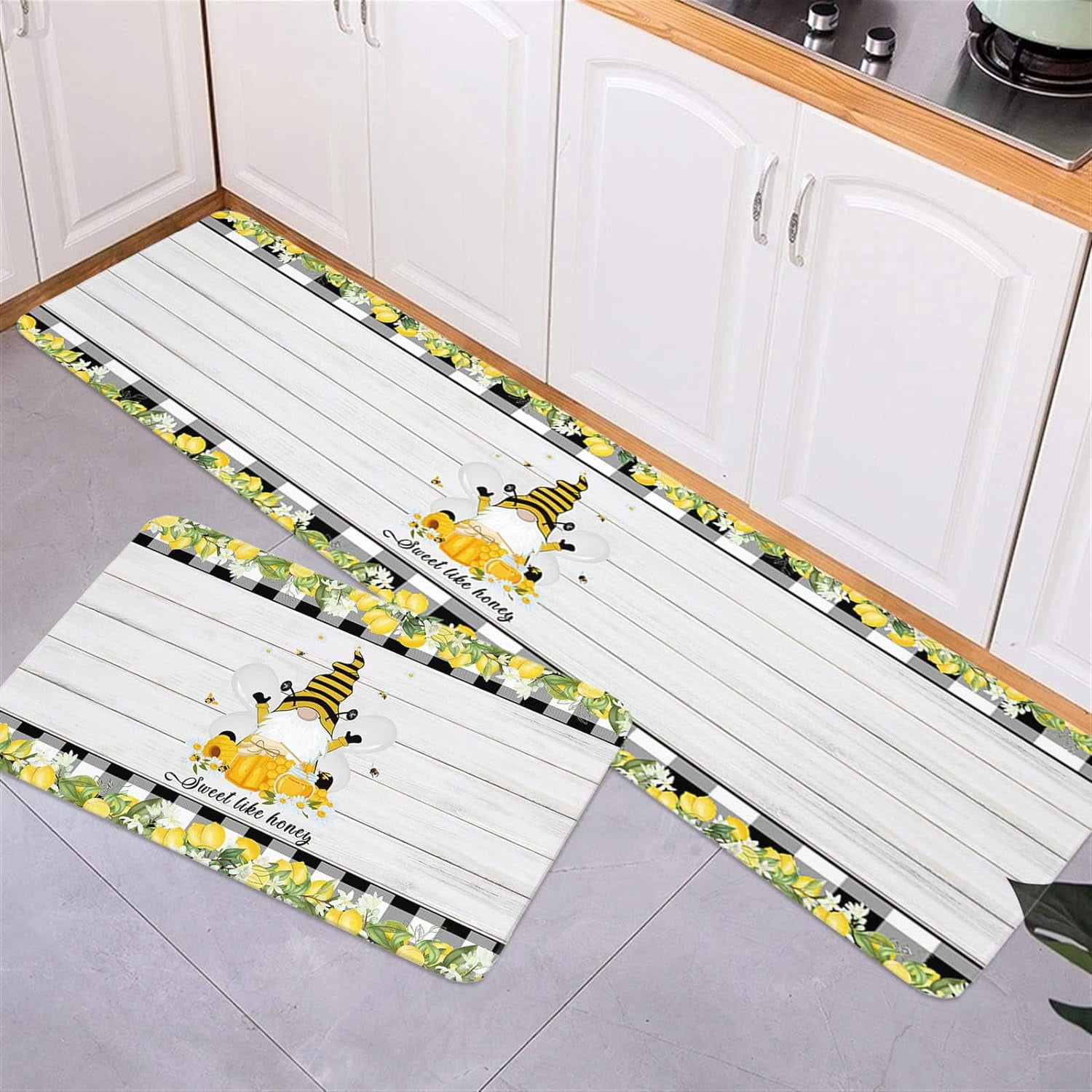Farm Gnome and Lemons Kitchen Floor Mats, Retro Wood Plank 2 PCS Anti Fatigue Area Runner Rugs Set Yellow Fruits Non-Slip Bathroom Comfort Standing Mat Home Decor