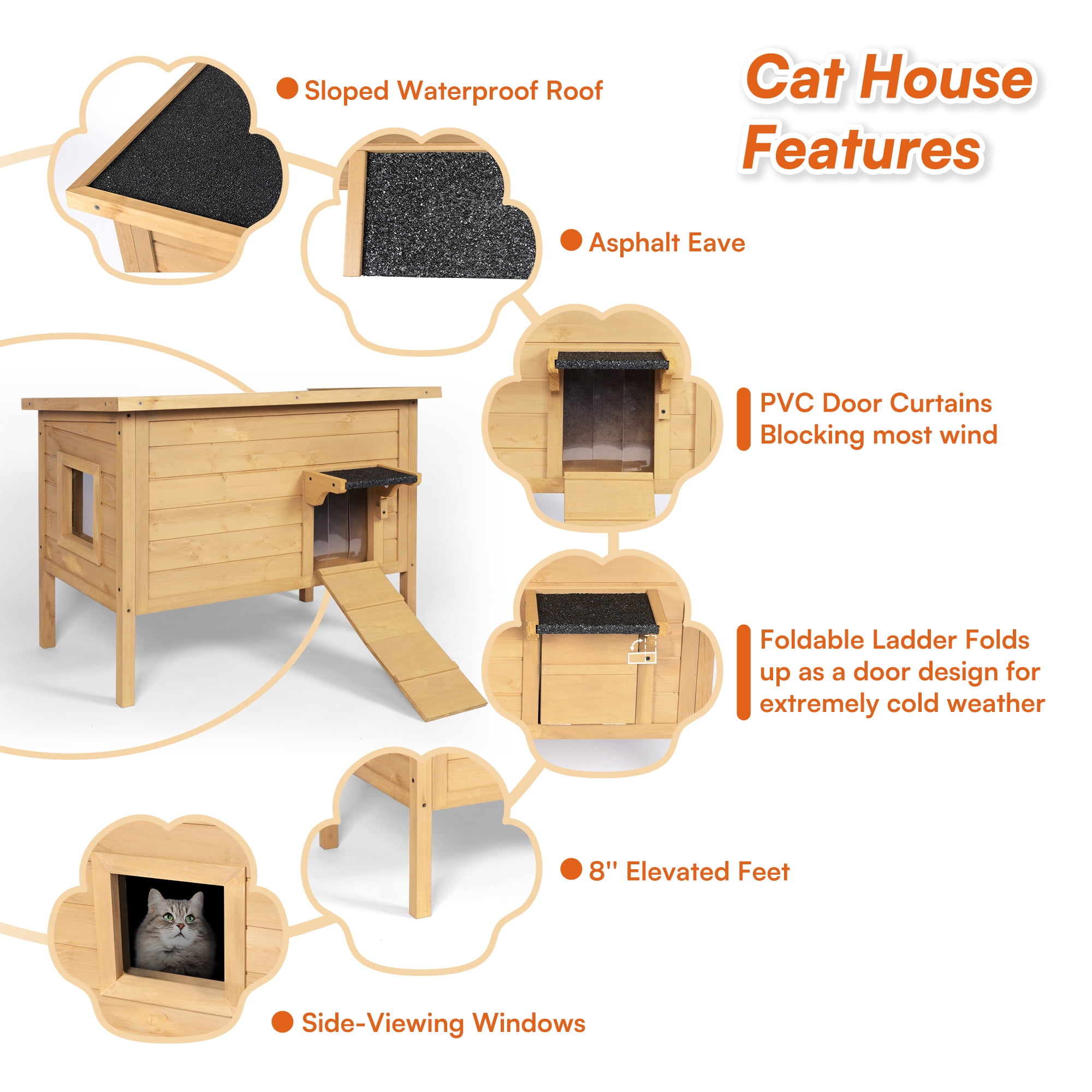 IVY&LANE Outdoor-Cat-House,Insulated-Feral-Cat-Shelter,Weatherproof,for Winter,Foam & Wood,Large,for Multiple Cats,Fold-up Stair,Acrylic Window,Brown