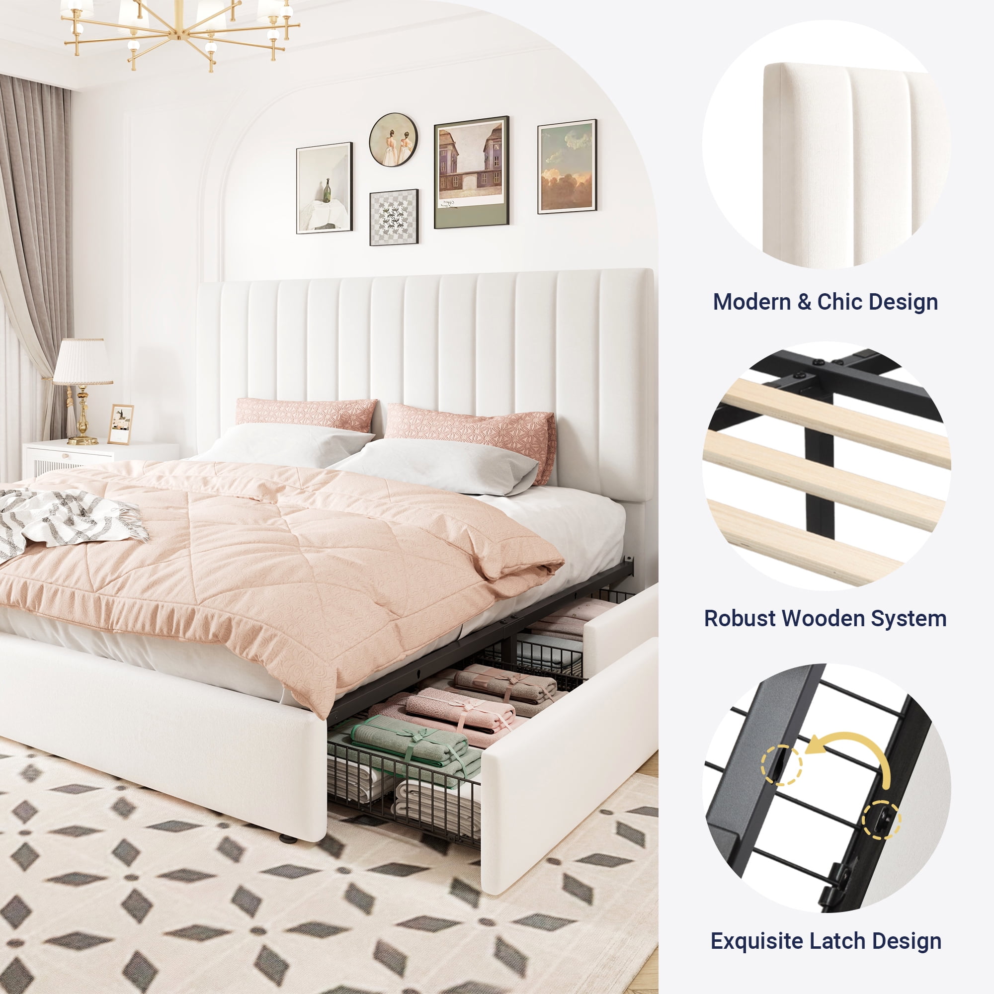 Allewie King Size Storage Bed Frame,Adjustable Headboard, Velvet Upholstered Platform Bed with 4 Oversized Underbed Drawers, Wooden Slats Support, No Box Spring Needed, White