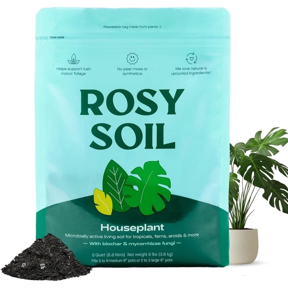Rosy Soil Indoor Potting Soil Mix for Houseplants, Organic Peat Free Soil with Biochar, Root Boosting Living Soil for Indoor Plants, 8 qt