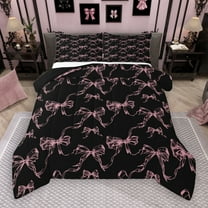 Manfei Kawaii Bowknot Bowtie Bedding Comforter Set,Cartoon Loves Pattern Twin Comforter Sets,Pink Black Bedding Set For Girl,Breathable Home Decor Reversible,2pcs