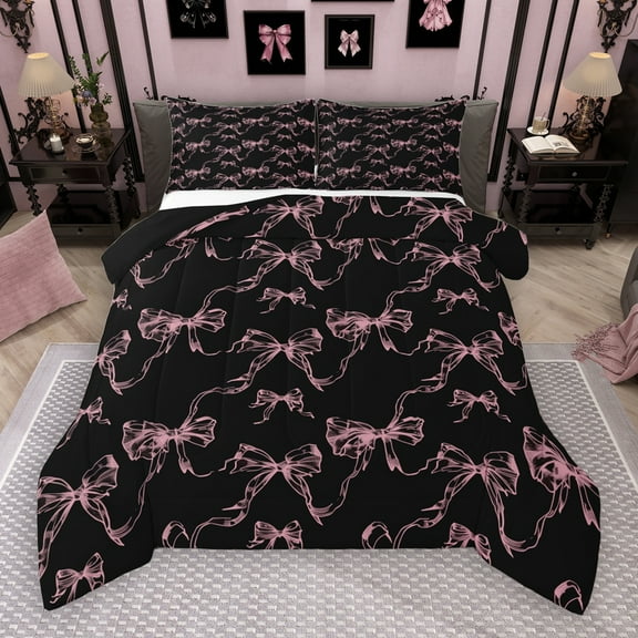 Manfei Kawaii Bowknot Bowtie Bedding Comforter Set,Cartoon Loves Pattern Twin Comforter Sets,Pink Black Bedding Set For Girl,Breathable Home Decor Reversible,2pcs