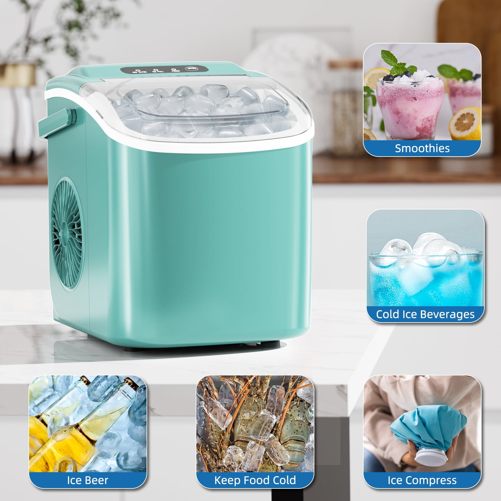 FREE VILLAGE Ice Makers Countertop,Portable Ice Maker Machine with Self-Cleaning,26.5lbs/24Hrs,6 Mins/9 Pcs Bullet Ice,Ice Scoop and Basket,Handheld Ice Maker for Kitchen/Home/Office/Party