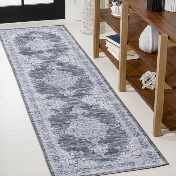 JONATHAN Y WASHABLE 2 x 8 Runner Rug, Wincer Chenille Cottage Medallion - Gray/Blue/White, WSH202D-28