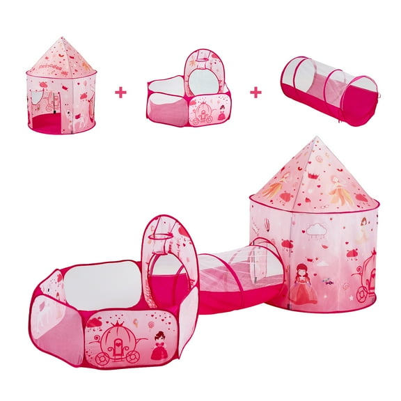 KFFKFF 3-in-1 Kids Play Tent with Tunnel for Girls, Boys, Babies, and Toddlers, Indoor/Outdoor Pop-Up Playhouse with Carry Bag and Straps, Magenta Color