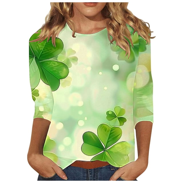Diufon T-Shirts de la Saint-Patrick pour Femmes, Grande Taille, Imprimé Trèfle, Manches 3/4, Col Rond