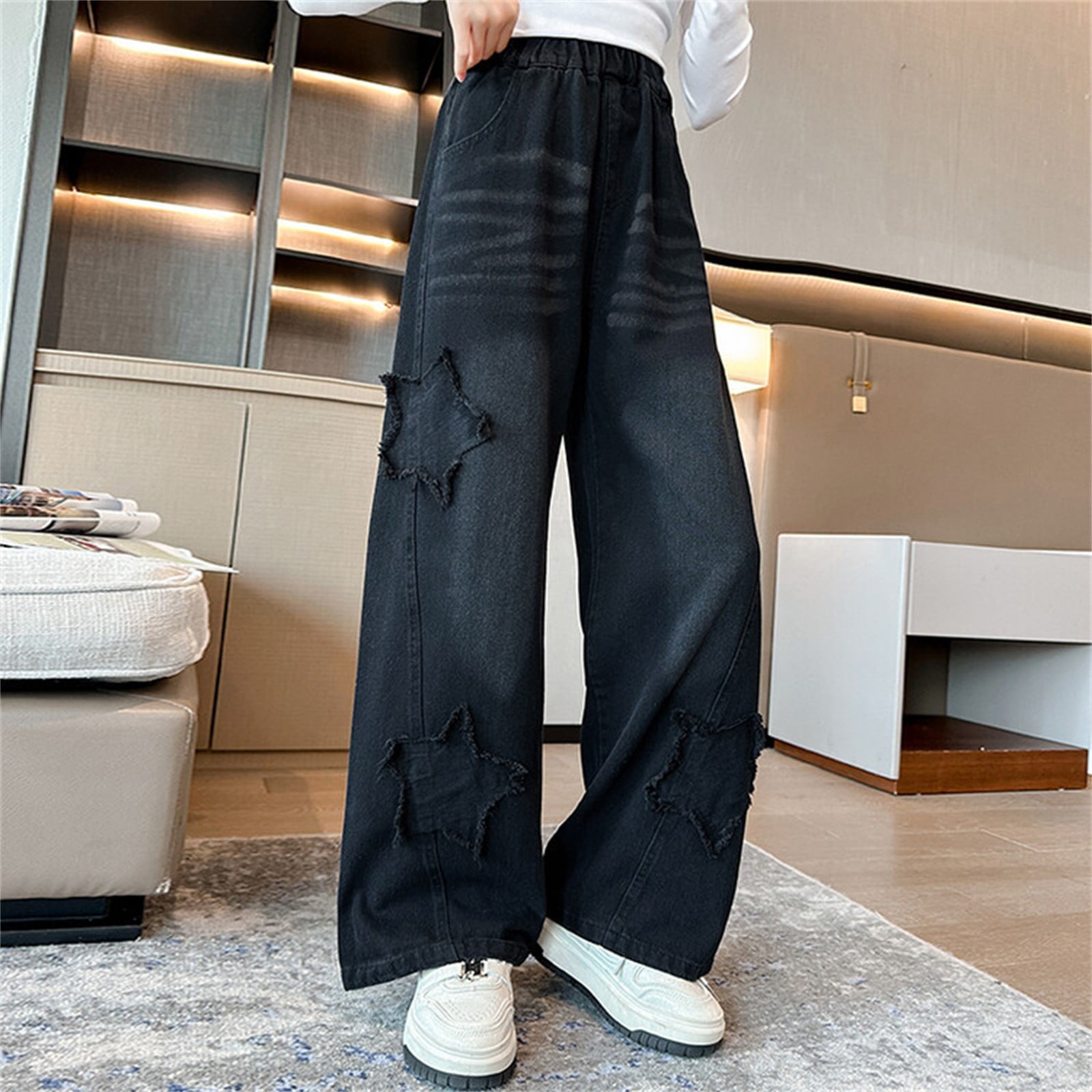 UACY Boys Girls Casual Baggy Jeans Wide Leg Vintage Wash Denim Pants High Elastic Waist Y2K Cargo Pocket Trousers (Black 10-11 Years)