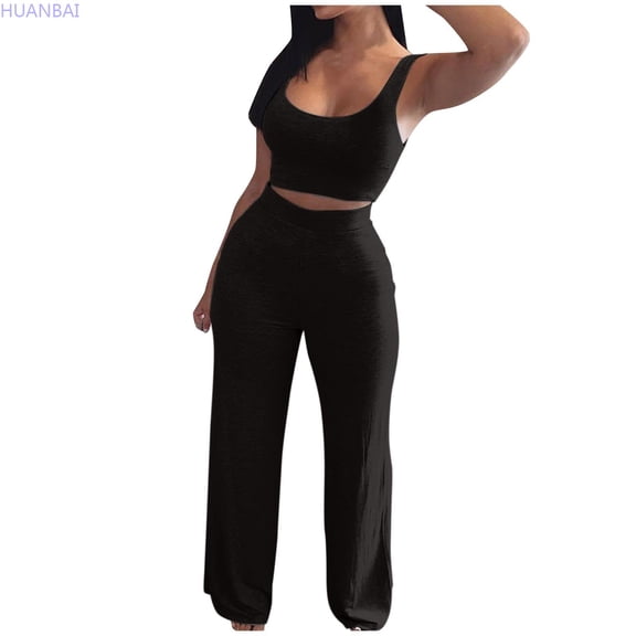 HUANBAI Two Piece Sets For Women Summer Outfits Sets Neck Tops Wide Leg Crop Pants Vacation Travel Outfits Women's Solid Sleeveless Scoop Neck Crop Tank Top Casual Sleepwear