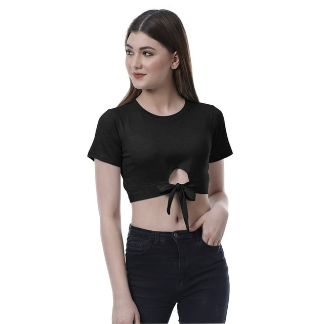 Moomaya Haut Court Noué devant pour Femmes Manches Courtes Col Rond Tee-Shirt Noué