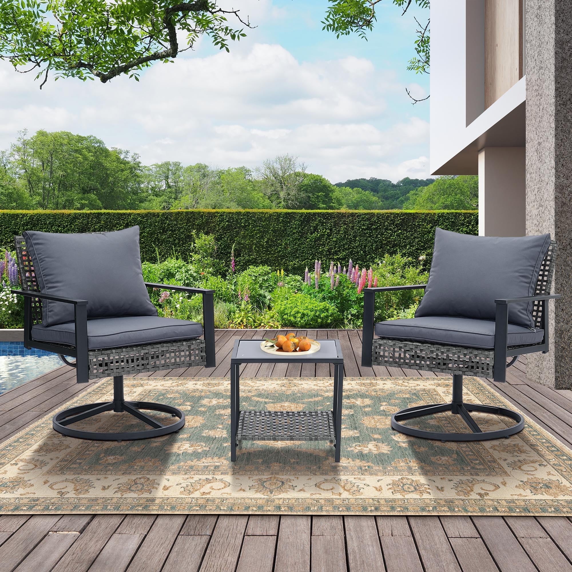 Ainfox Premium Patio Swivel Bistro Set,3-Piece Ourdoor Furniture Set,Wicker Rattan Coversation Rocking Chairs w/Glass Top Table & Cushions,Grey