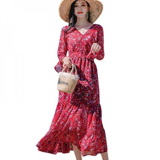 Daxin Women S Floral V Neck One Piece Dress Spring Autumn Winter Long Sleeve Ladies High Waist Dress Red Walmart Com Walmart Com